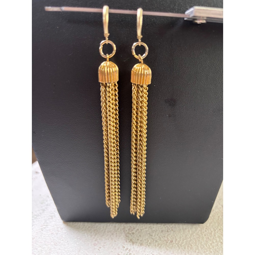 Tassel Drop Earrings Gold Tone Multi Strand Chain Leverback Vintage Style‎
